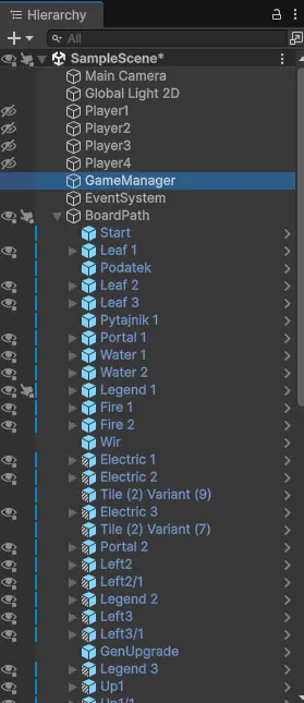 Unity Hierarchy – elementy planszy i komponenty gry MonsterBoard